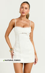 Gigi Mini Linen Blend Dress - Sweetheart Tie Back Scallop Detail Dress in Off White