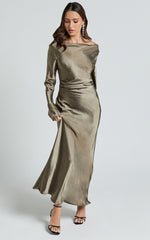 Arriana Midi Dress - Long Sleeve Cowl Back Satin Dress in Dark Olive