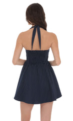 Pinstripe Halter Fit and Flare Dress in Navy