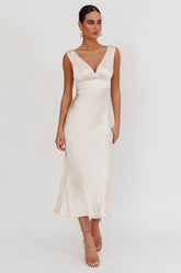 Leila V-Neck Low Back Satin Midi Dress Ivory