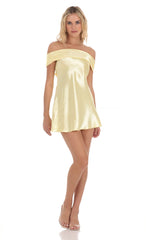 Satin Off Shoulder Dress in Yellow