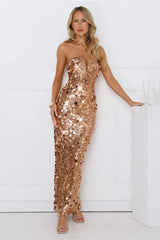 Glistening Grandeur Strapless Sequin Maxi Dress Gold