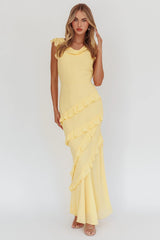 Sangria Cowl Neck Frill Maxi Dress Lemon
