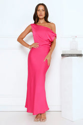 Late Night Luxe Off Shoulder Satin Maxi Dress Pink