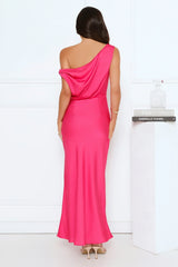 Late Night Luxe Off Shoulder Satin Maxi Dress Pink