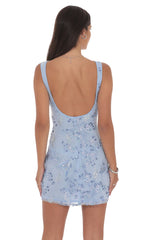 High Neck Floral Bodycon Dress in Light Blue