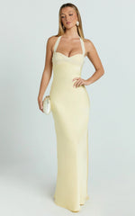 Flynn Maxi Dress - Satin Halter Sweetheart Neck Dress in Butter Yellow