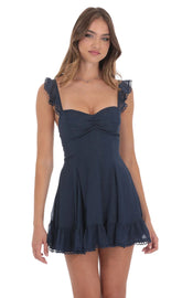 Shimmer Ruffle Fit and Flare Dress in Navy
