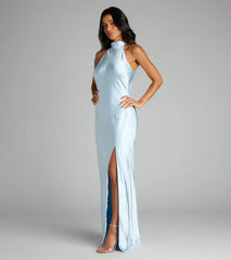 Andie Halter Open Back Slit Satin Formal Dress
