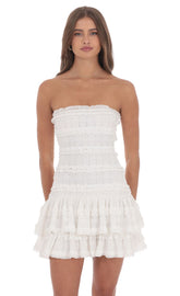 Strapless Lace Ruffle Dress in White