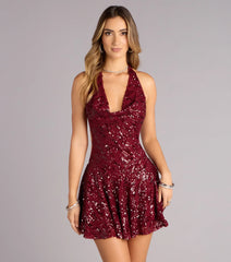 After Hours Shine Sequin Halter Skater Dress