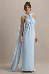 Ariana | Powder Blue Cross-Neck Maxi Dress With Cape