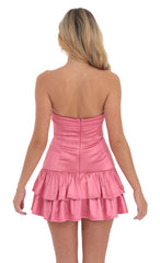 Satin Strapless Ruffle Dress in Pink