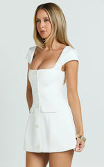Patsy Mini Dress - Boucle Cap Sleeve Button Front Fitted Dress in White