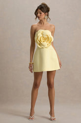 Daffodil | Lemon Bandeau Mini Dress With Large Floral Corsage