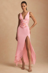 Embellished Plunge Ruffled Corset Maxi Dress in Pink