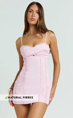Gigi Mini Linen Blend Dress - Sweetheart Tie Back Scallop Detail Dress in Pink