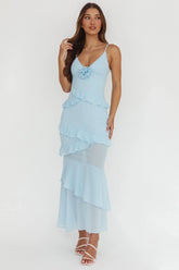 Marlie Frill Trim Rosette Maxi Dress Blue