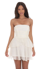 Shimmer Petal Ruffle Strapless Dress in Ivory