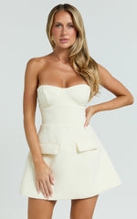 Alodia Mini Dress - Boucle Strapless Tulip Skirt Dress in Cream