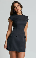 Wyatt Mini Dress - Short Sleeve Corset A Line Dress in Black