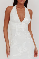 Cipriana Backless Halter Maxi Dress Embellished White