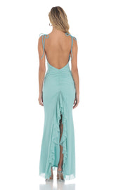 Mesh Open Back Maxi Dress in Aqua