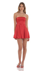 Strapless Satin Fit and Flare Dress in Red