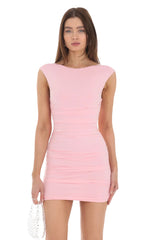 High Neck Ruched Bodycon Dress in Pink