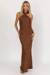 Italia Azure Crossover Halterneck Maxi Dress Chocolate