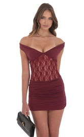 Off Shoulder Lace Cutout Dress in Maroon