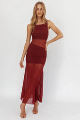 Sade Sheer Panel Ruched Maxi Dress Wine