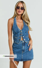 Walton Skort - Mid Waisted Recycled Denim Skort in Dark Blue Wash