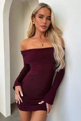 Aaliyah Off Shoulder Knit Mini Dress - Burgundy