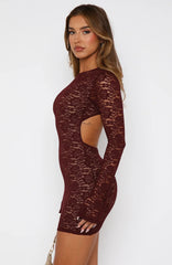 Naughty Or Nice Long Sleeve Lace Mini Dress Burgundy
