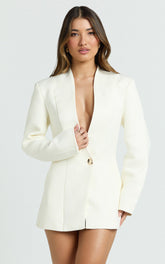 Hepburn Mini Dress - Gold Hardware Button Detail Wrap Front Blazer Dress in White