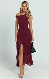 Judee Midi Dress One Shoulder High Side Split Dress in Wine
