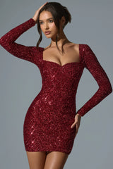 Sephina Embellished Sweetheart-Neck Mini Dress in Red