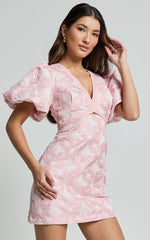 Diana Mini Dress - Jacquard Short Sleeve Cut Out Dress in Light Pink