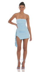 Strapless Ruched Tassel Dress in Blue