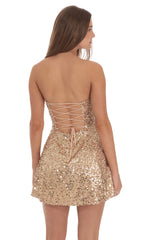 Sequin Strapless Fit and Flare Dress in Gold