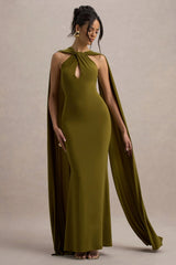 Rhoda | Green Twist Halter-Neck Cape Maxi Dress