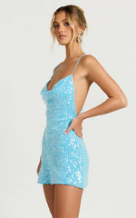 Orla Mini Dress - Cowl Neck Halter Dress in Blue