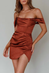 Night To Remember Off-Shoulder Satin Dress Chocolate