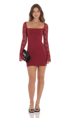 Lace Long Sleeve Bodycon Dress in Maroon
