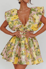 Bennet Puffed Neckline Mini Dress Floral Pink/Yellow