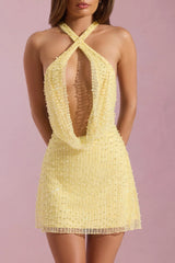 Embellished Cowl-Neck Backless Mini Dress in Yellow