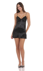 Satin Pearl Neckline Dress in Black