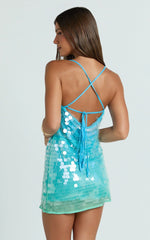 Savanna Mini Dress - Strappy Ombre Sequin Shift Dress in Aqua