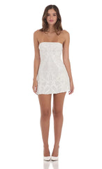 Sequin Mesh Strapless Dress in White